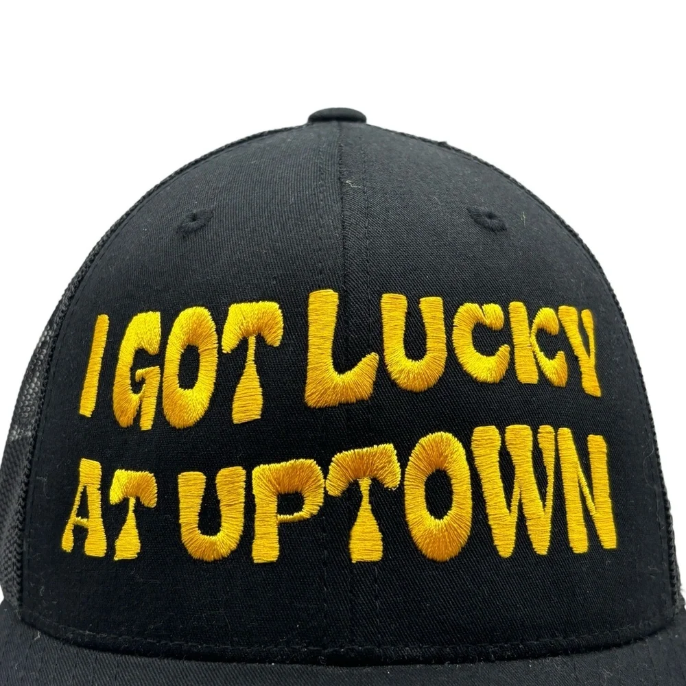 I Got Lucky At Uptown Trucker Hat Black Yellow Embroidered Snapback Cap Yupoong